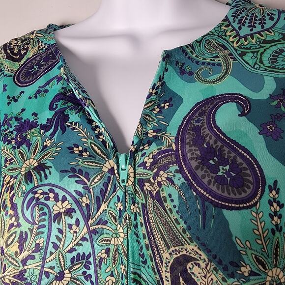 Collections Etc Paisley Caftan Lounge Dress Large Teal Purple Zip Front Maxi - Picture 2 of 9